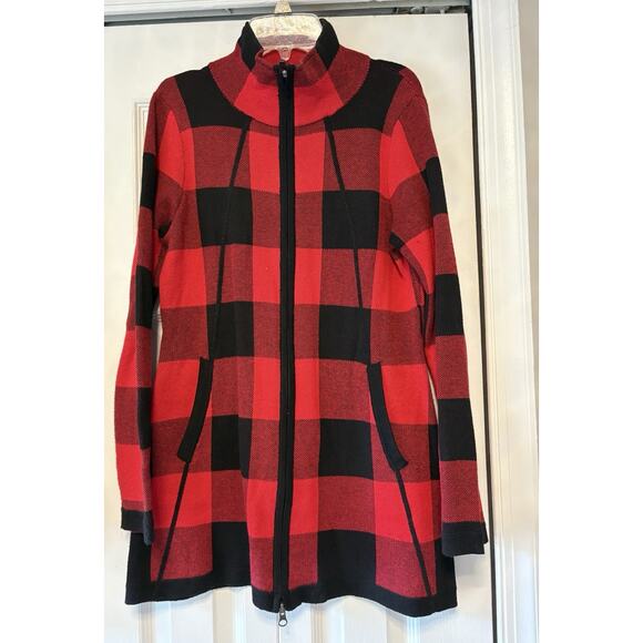 Adrienne Vittadini Cardigan Sweater Jacket S Buffalo Plaid Red Black Full Zip - Picture 1 of 7